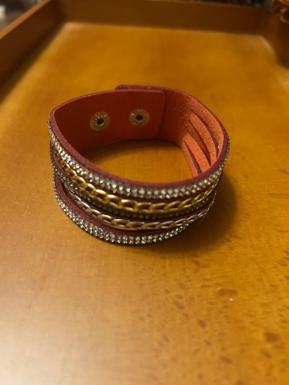 Multi-Chain Cuff Orange leather Bracelet with Crystal Accents